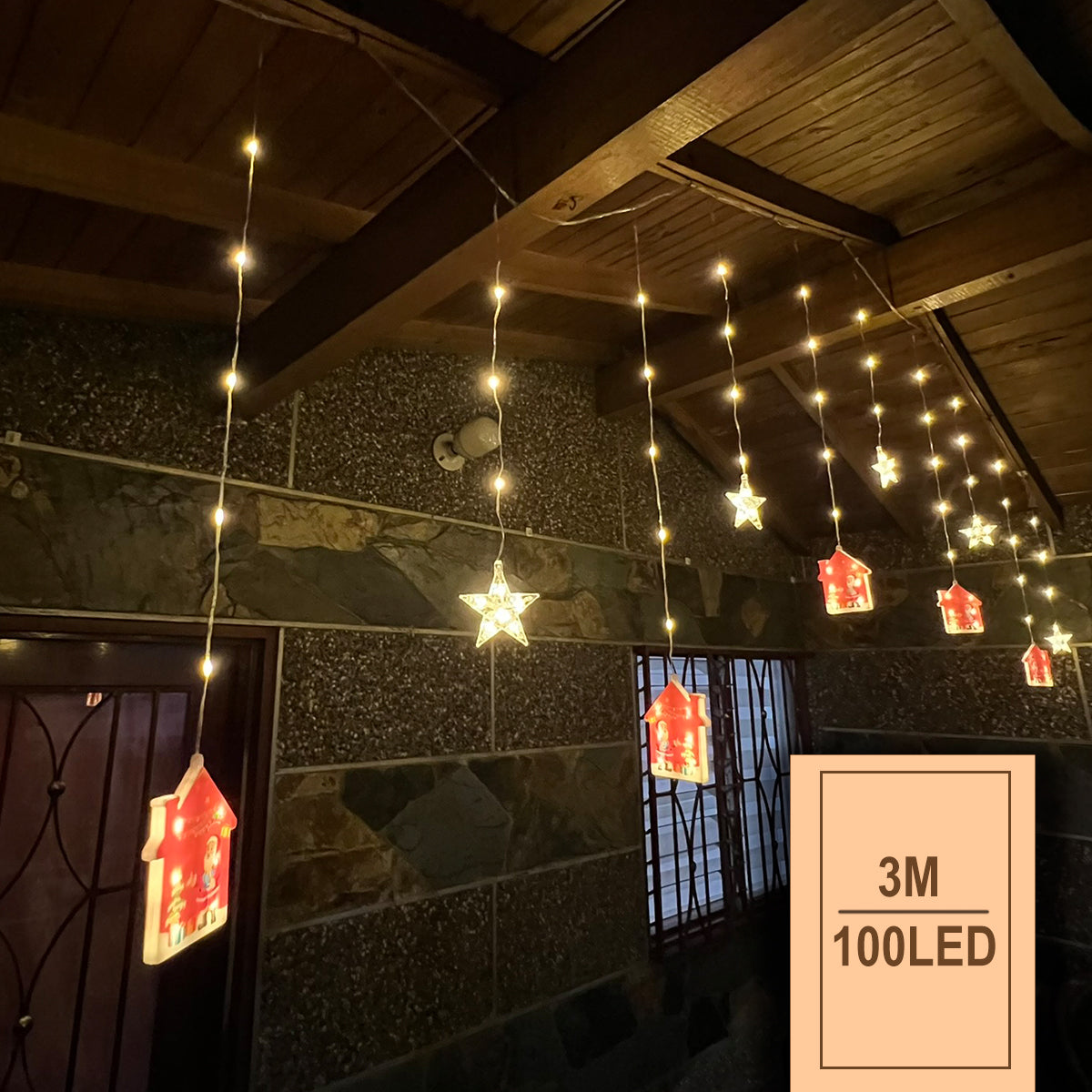 Cascada LED 3M Intercalada 100 Luces con Figuras Navideñas Casas y Estrellas S4028TCH