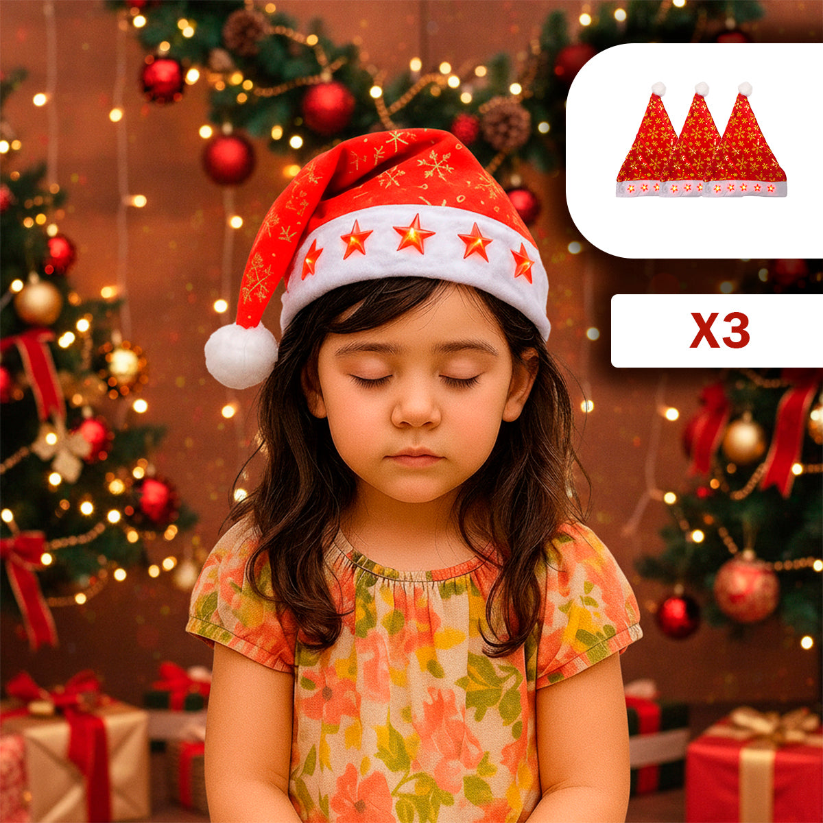 Gorro Navideño con Luces LED Estrellas Rojas GNEC001