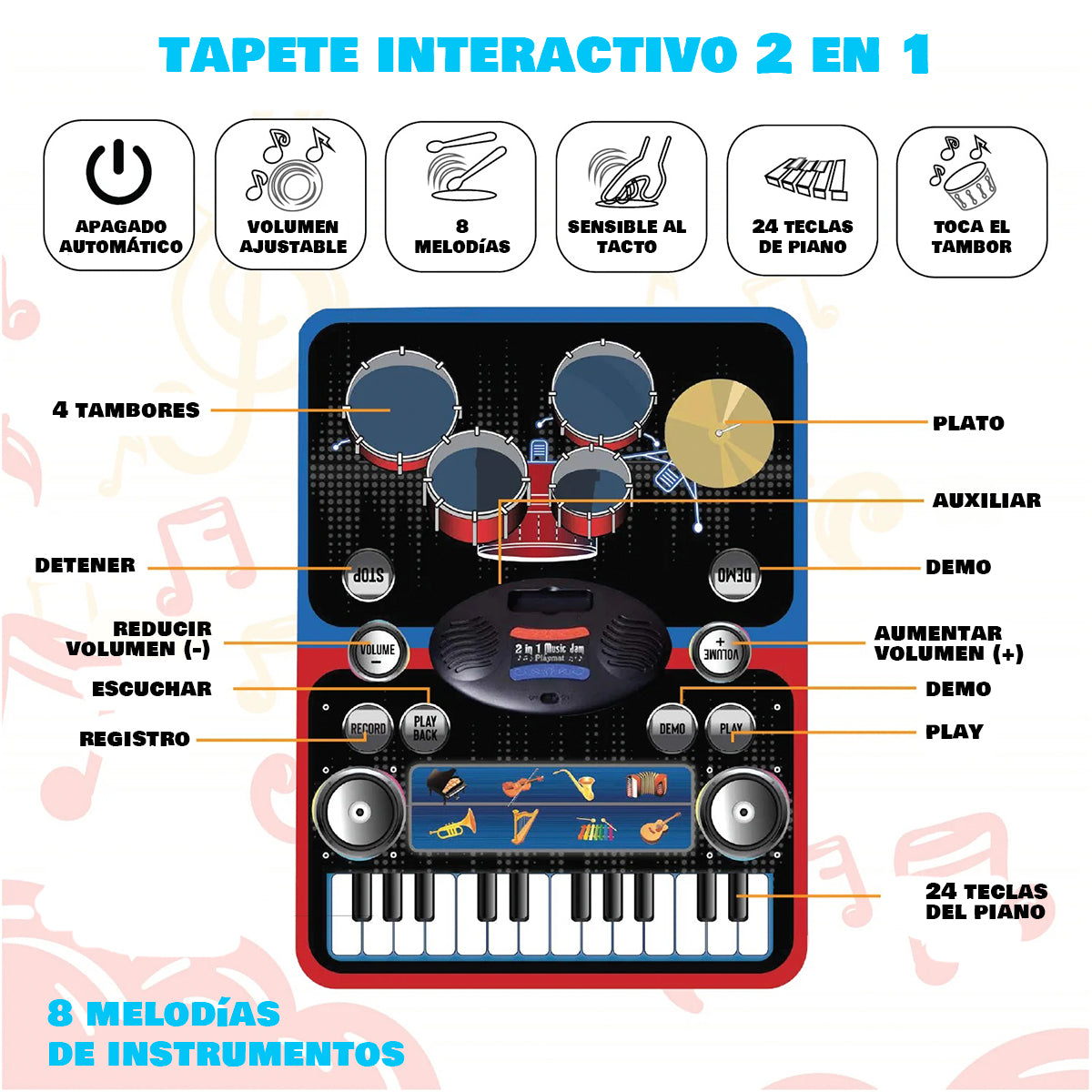 Tapete Musical Interactivo 2 en 1 Piano y Batería Sensorial SLW9881