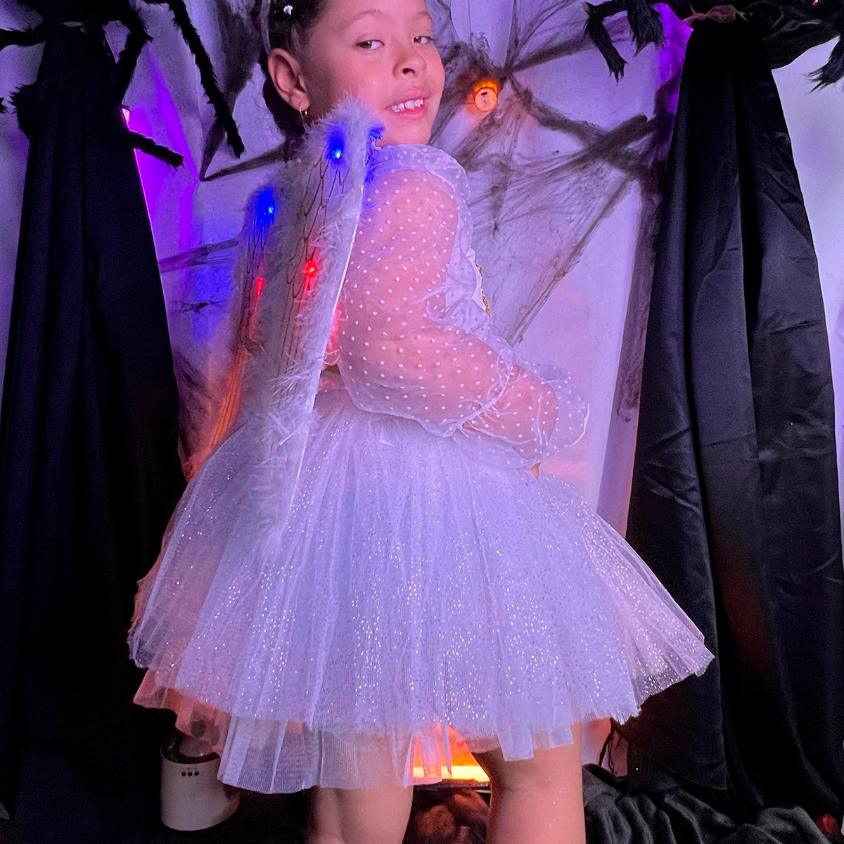 Disfraz De Ángel Blanco Con Alas Y Aureola Luces Niña Halloween DSANGBL
