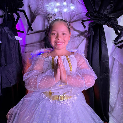 Disfraz De Ángel Blanco Con Alas Y Aureola Luces Niña Halloween DSANGBL