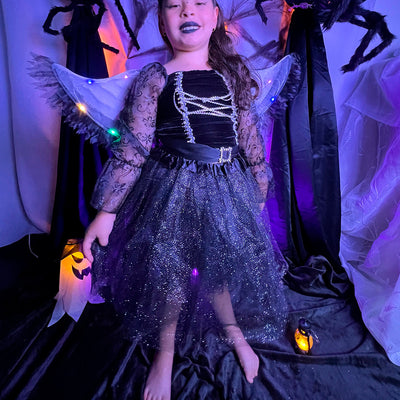 Disfraz De Ángel Oscuro Niña Con Alas Y Cuernos Demonio Negro Halloween DSANGOS