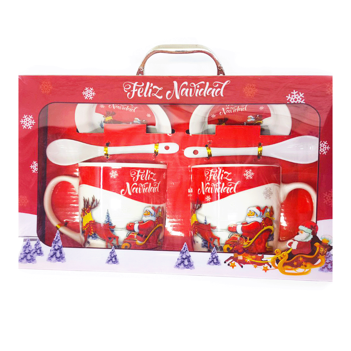 Set X2 Tazas Navideñas con Plato y Cuchara Regalo Festivo Navidad TZM2