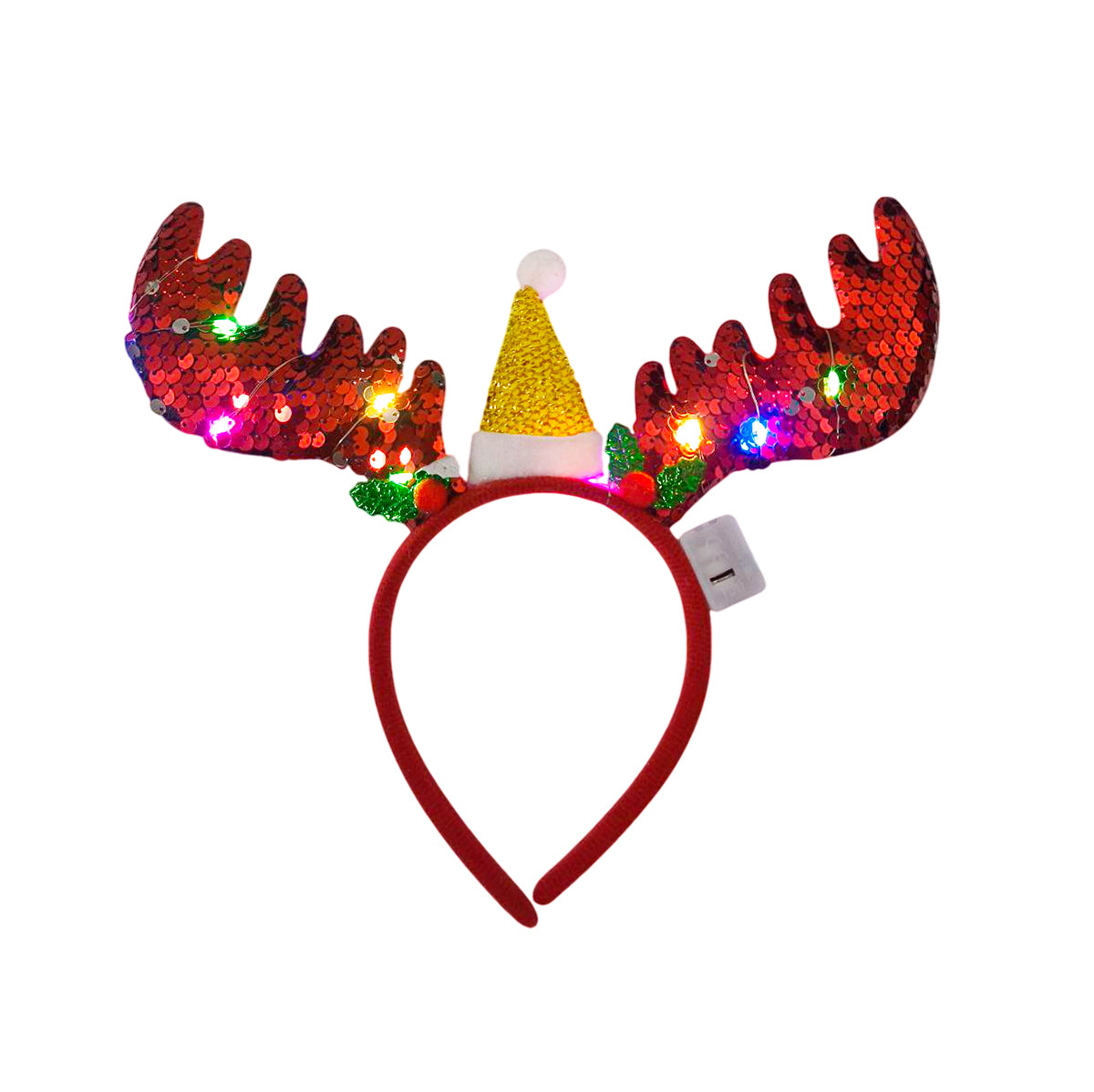 Diadema Navideña LED Cuernos de Reno y Gorrito Lentejuelas DRS01