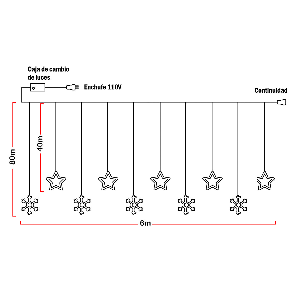 Cortina de Luces LED 6M 240 LED Estrellas y Copos Intercalada Decoración Navideña 1731A
