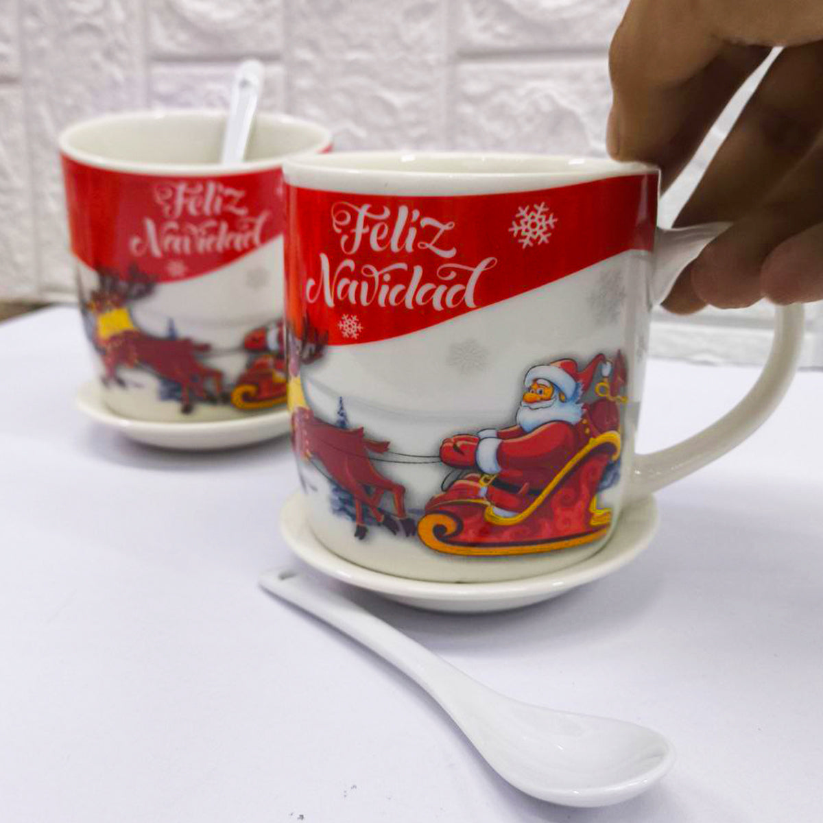Set X2 Tazas Navideñas con Plato y Cuchara Regalo Festivo Navidad TZM2