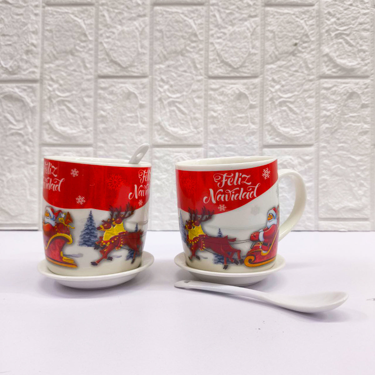 Set X2 Tazas Navideñas con Plato y Cuchara Regalo Festivo Navidad TZM2