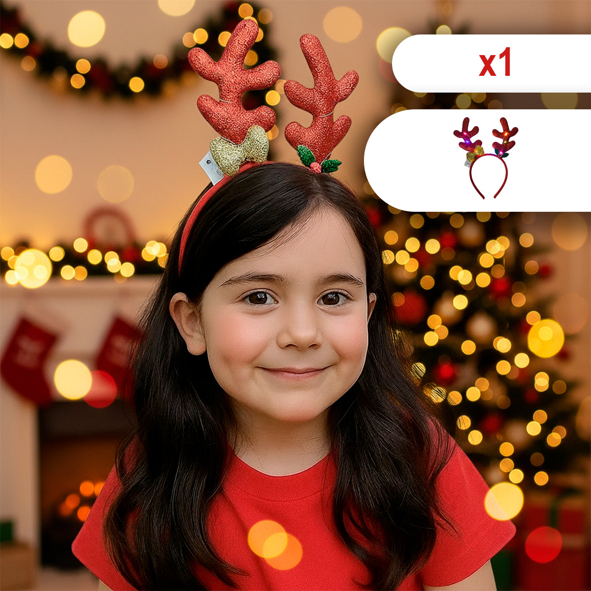 Diadema Navideña con Cuernos LED de Reno Moño Navidad DRMÑ01