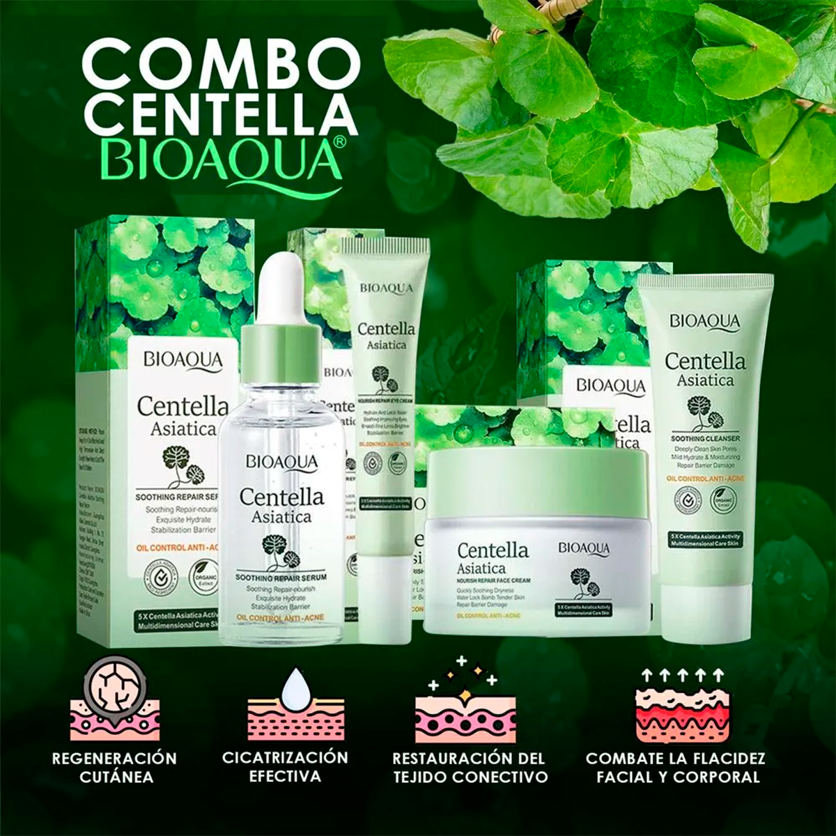 Kit Centella Asiática BIOAQUA 6 Piezas Reparador Facial Antiacné