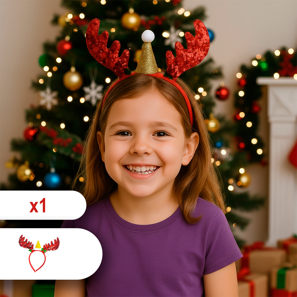 Diadema Navideña LED Cuernos de Reno y Gorrito Lentejuelas DRS01
