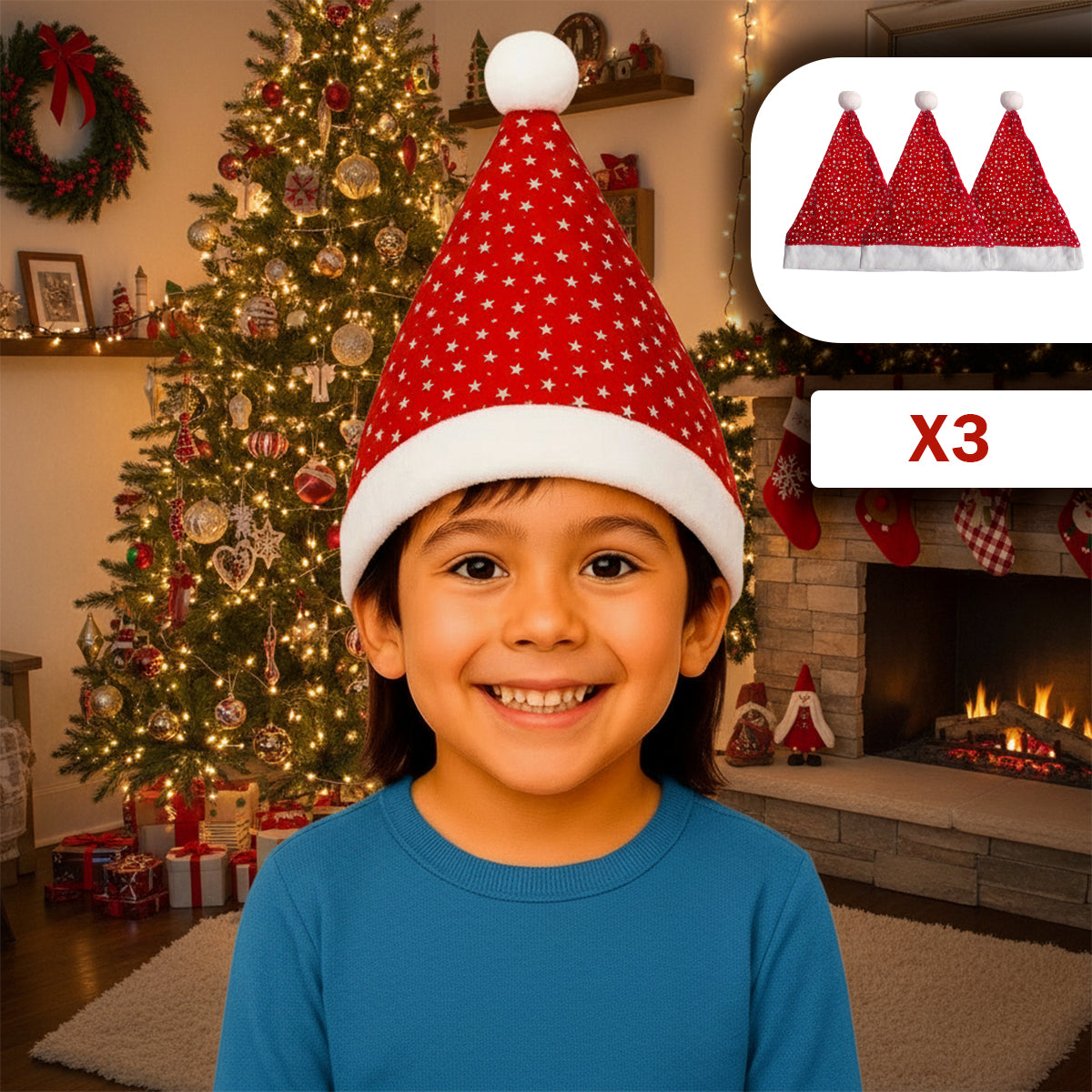 Gorro Navideño Infantil con Estrellas Plateadas GNE001
