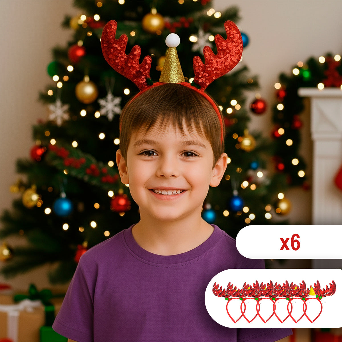 Diadema Navideña LED Cuernos de Reno y Gorrito Lentejuelas DRS01