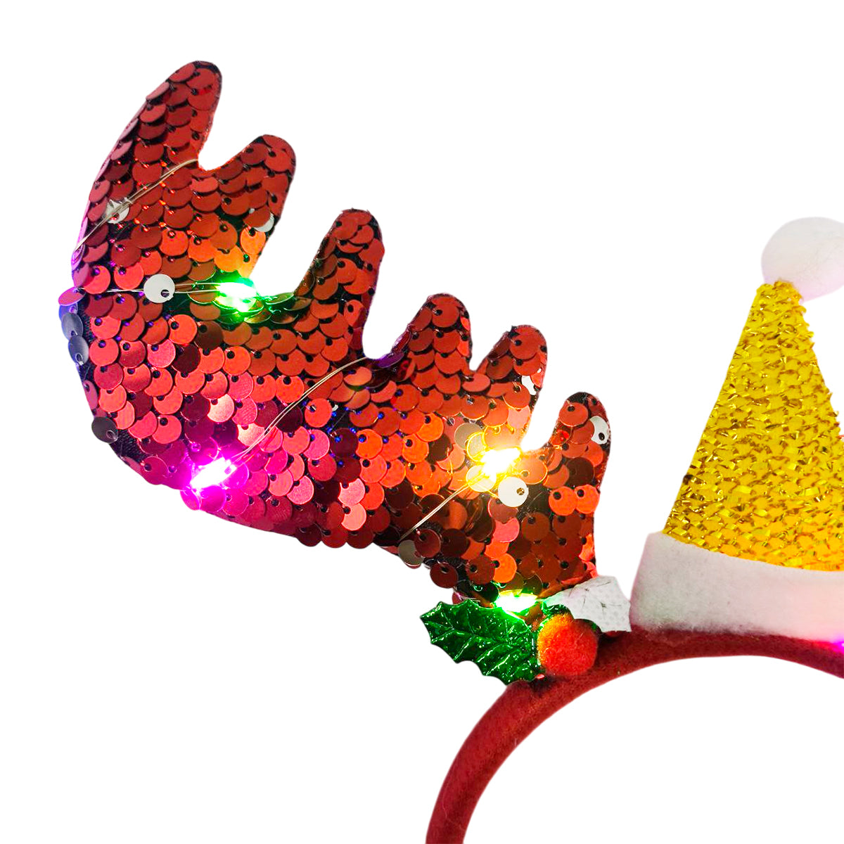 Diadema Navideña LED Cuernos de Reno y Gorrito Lentejuelas DRS01