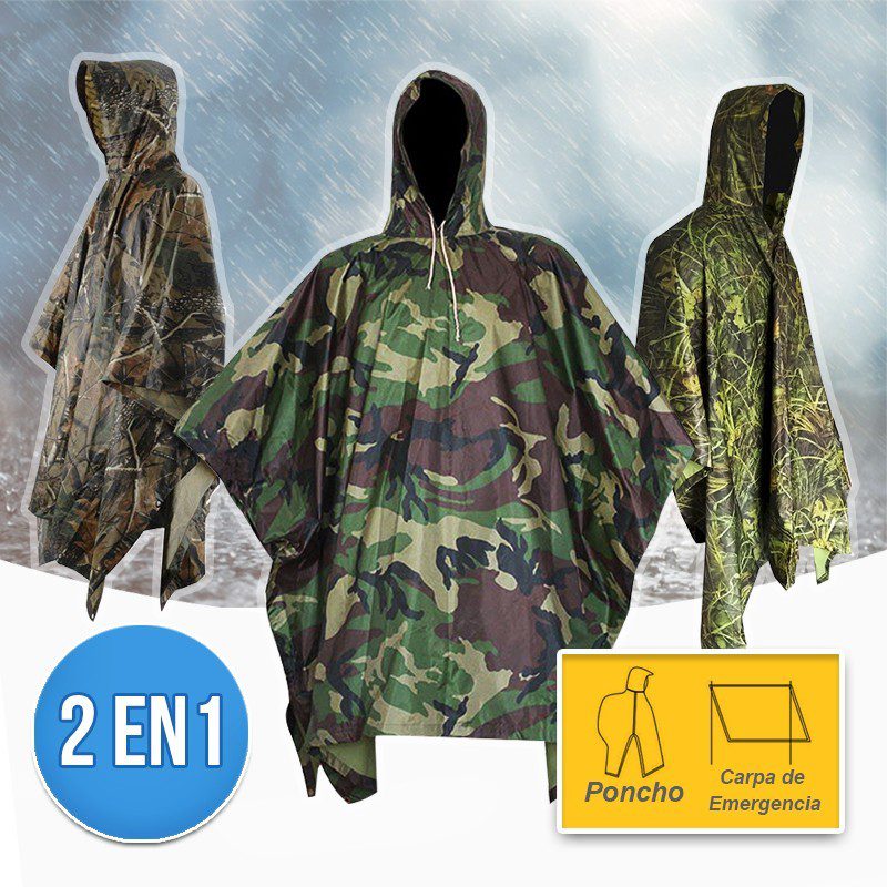 Impermeable Capucha Capa Poncho Camuflado Adultos Protección Lluvia