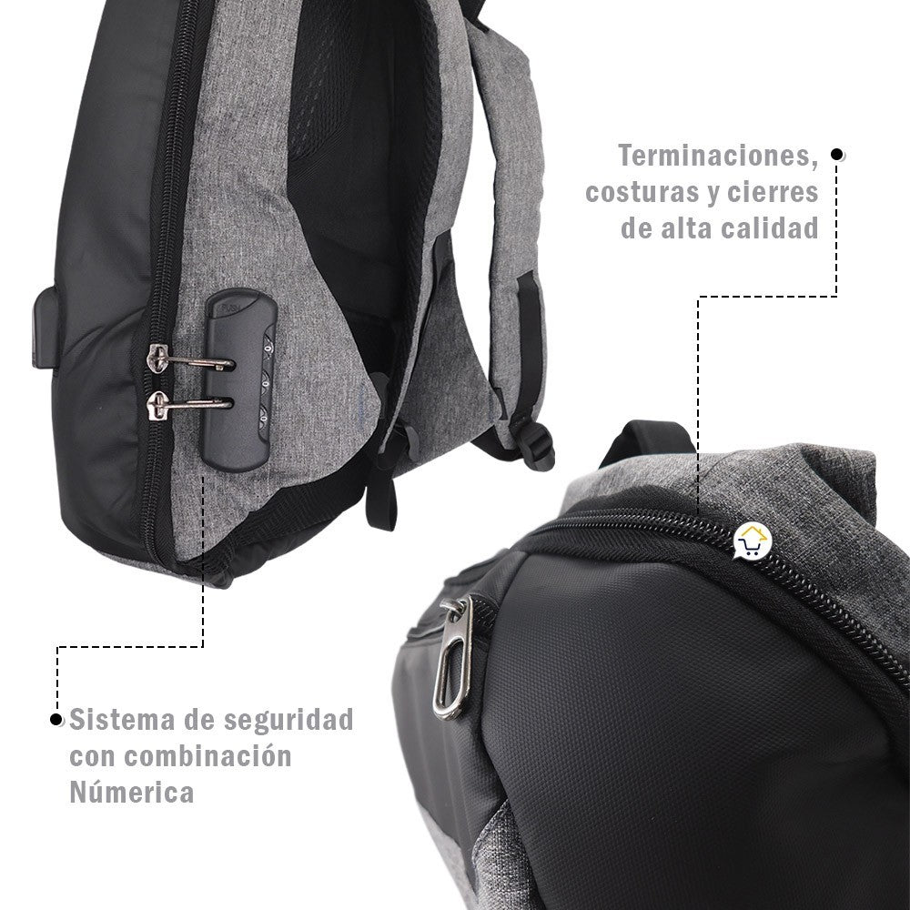 Morral Antirrobo Puerto USB Mochila Impermeable Bolso Candado Combinación 143