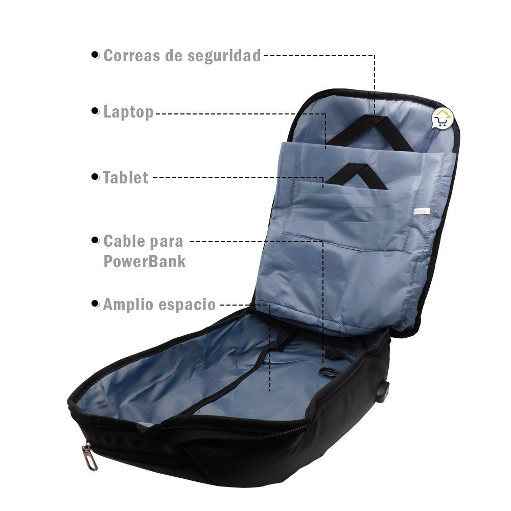 Morral Antirrobo Puerto USB Mochila Impermeable Bolso Candado Combinación 143