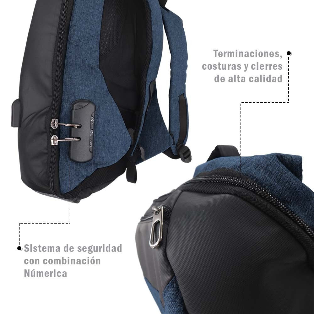 Morral Antirrobo Puerto USB Mochila Impermeable Bolso Candado Combinación 143