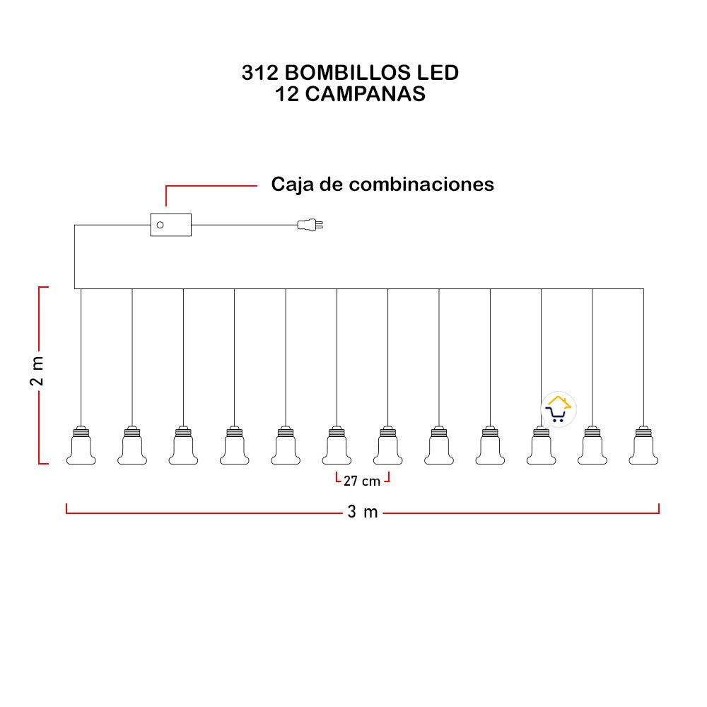Cortina Micro LED 12 Tiras Estilo Campana 3 x 2 m 312 Luces 1620