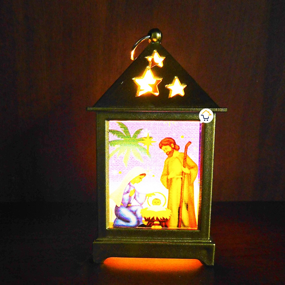 Pesebre Farol Cuadrado Vela Navideño Dorado Luz LED Navidad ZF045D
