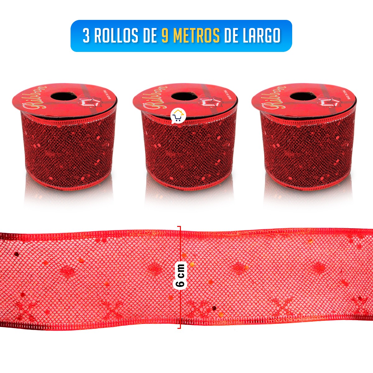 Cinta de Malla Navideña Metalizada x3 Rollos 9 m Rojo 6246RO