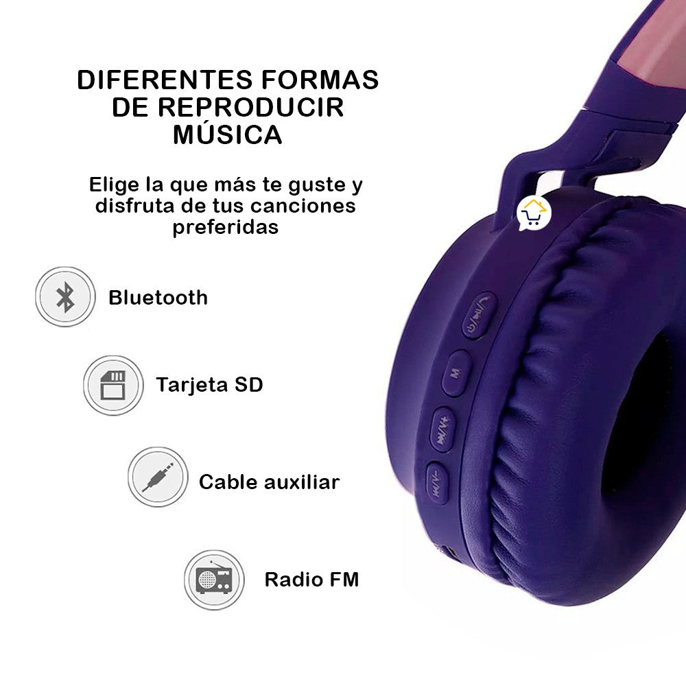 Audífonos Diadema Orejas Gato Bluetooth Luces Inalámbricos JR-028