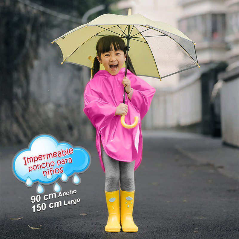 Impermeable Capucha Capa Poncho Niños Protección Lluvia Rosado RF CI90