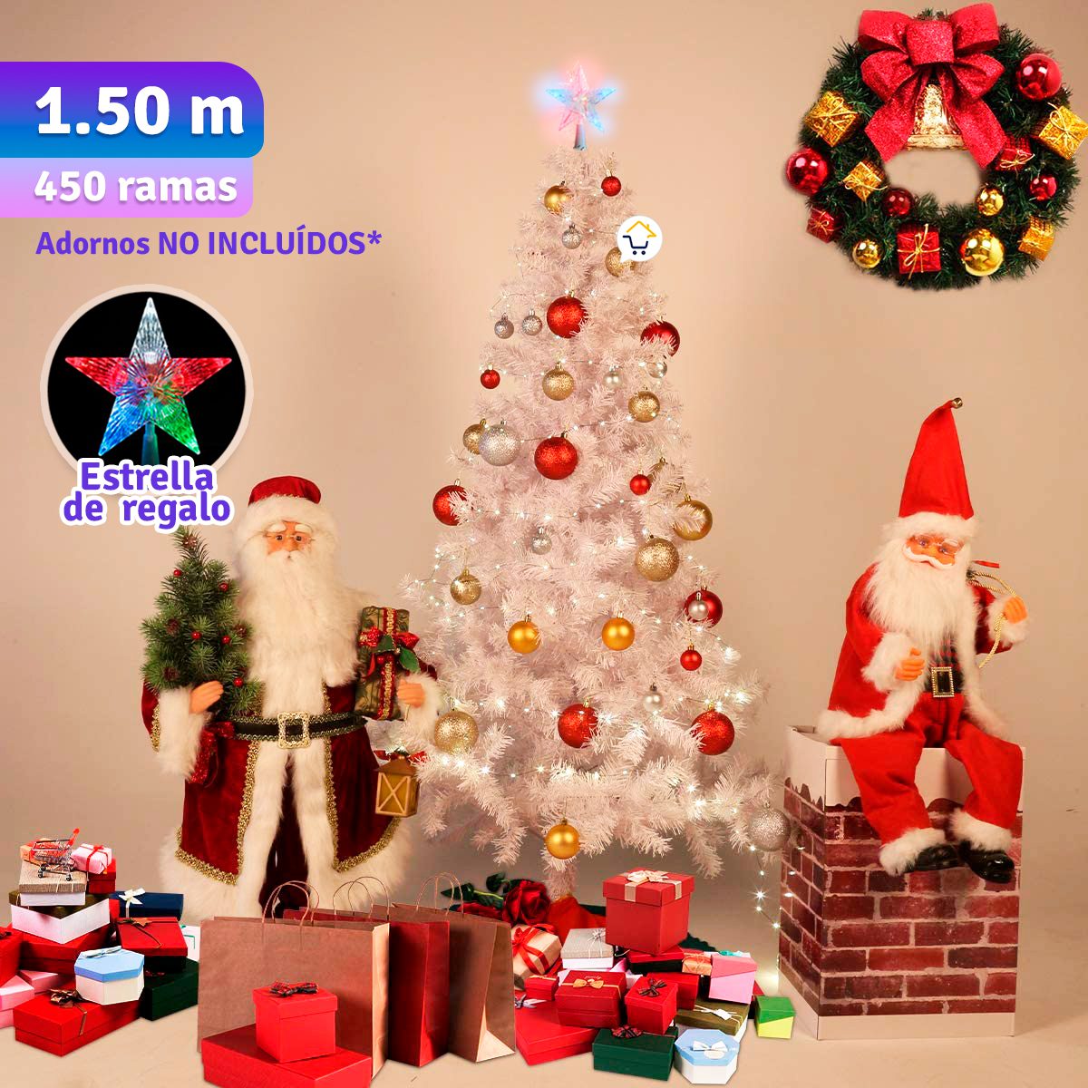 Árbol Navidad Blanco 1.50 m 450 Ramas + Estrella + Base 208